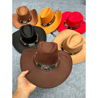  Mũ cao bồi đai da có đầu trâu đằng trước nón cowboy vành rộng đi biển du lịch dành cho nam và nữ 