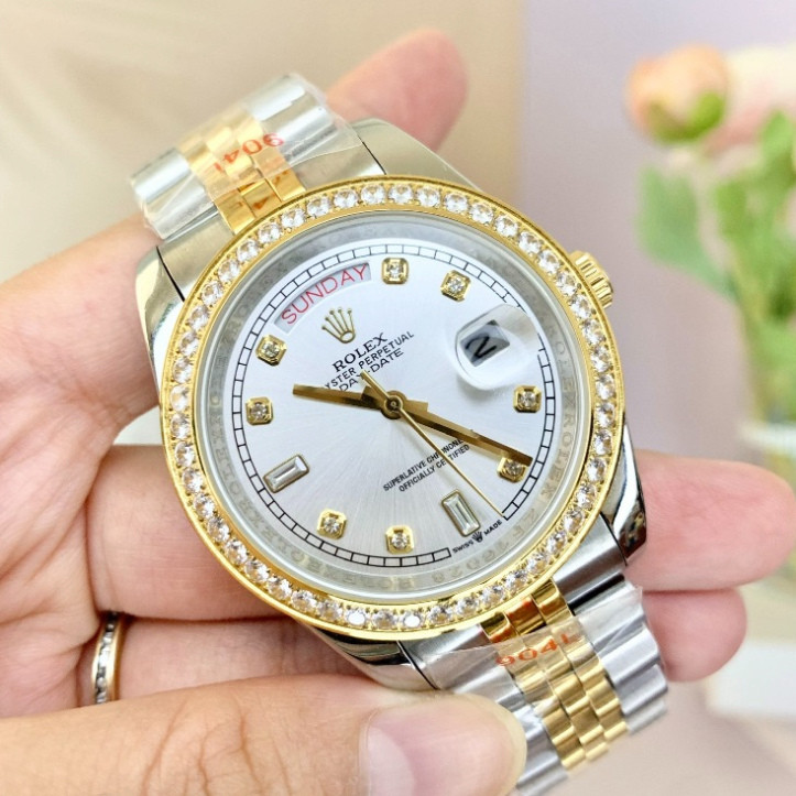 Đồng hồ nam Rolex- đồng hồ cơ Automatic Rolex classic mặt trắng viền đá dây demi 2 lịch