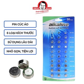 Vỉ 30 pin cúc áo alkaline ag1, ag3, ag4, ag5, ag12, ag13 uncle bills ib0013 chính hãng pin máy tính đồng hồ đeo tay