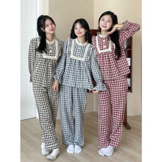  Bộ Ngủ Pijama Nữ Bộ Ngủ Kẻ Tay Dài Tiểu Thư Ren Ngực Kẻ Caro Tay Dài Kèm Quần Suông Ống Rộng,Chất Vải Đũi Xốp Ren Ngực 