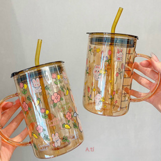  Cốc thuỷ tinh lớn 1000ml có nắp và ống hút chịu nhiệt tốt ly thuỷ tinh cao cấp dễ thương  sile  