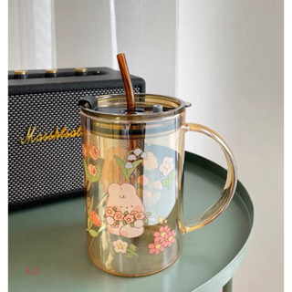 Cốc thuỷ tinh lớn 1000ml có nắp và ống hút chịu nhiệt tốt, ly thuỷ tinh cao cấp dễ thương