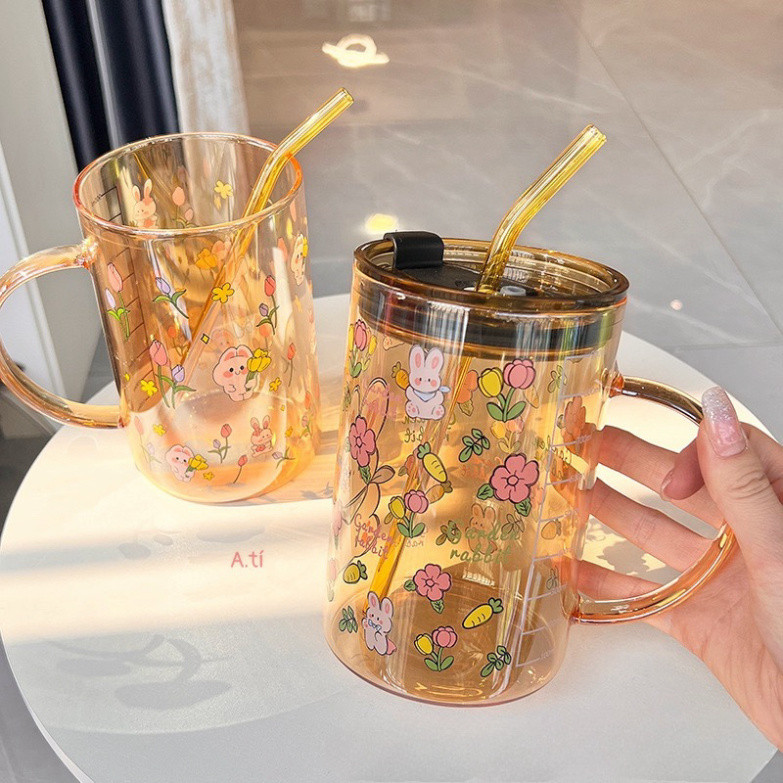  Cốc thuỷ tinh lớn 1000ml có nắp và ống hút chịu nhiệt tốt ly thuỷ tinh cao cấp dễ thương   ms ...  