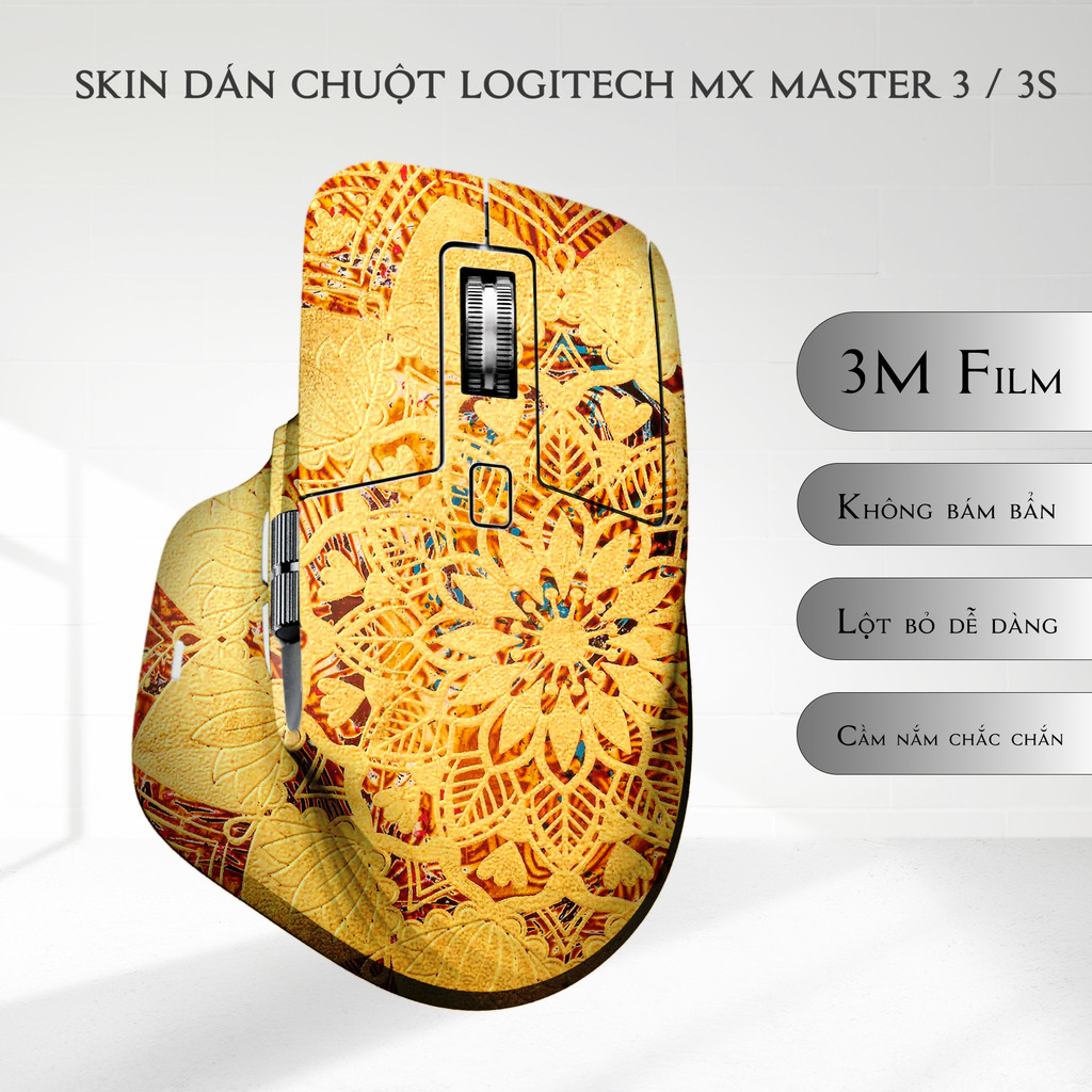 Skin dán chuột Logitech MX Master 3, 3s mẫu Vàng Mandala | Film 3M | Custom theo yêu cầu