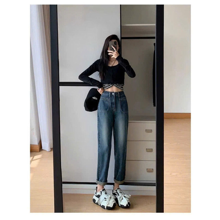 Quần baggy jean phối túi đơn giản cá tính, Quâng baggy bò túi vuông lưng cao basic dễ phối đồ (HC33)