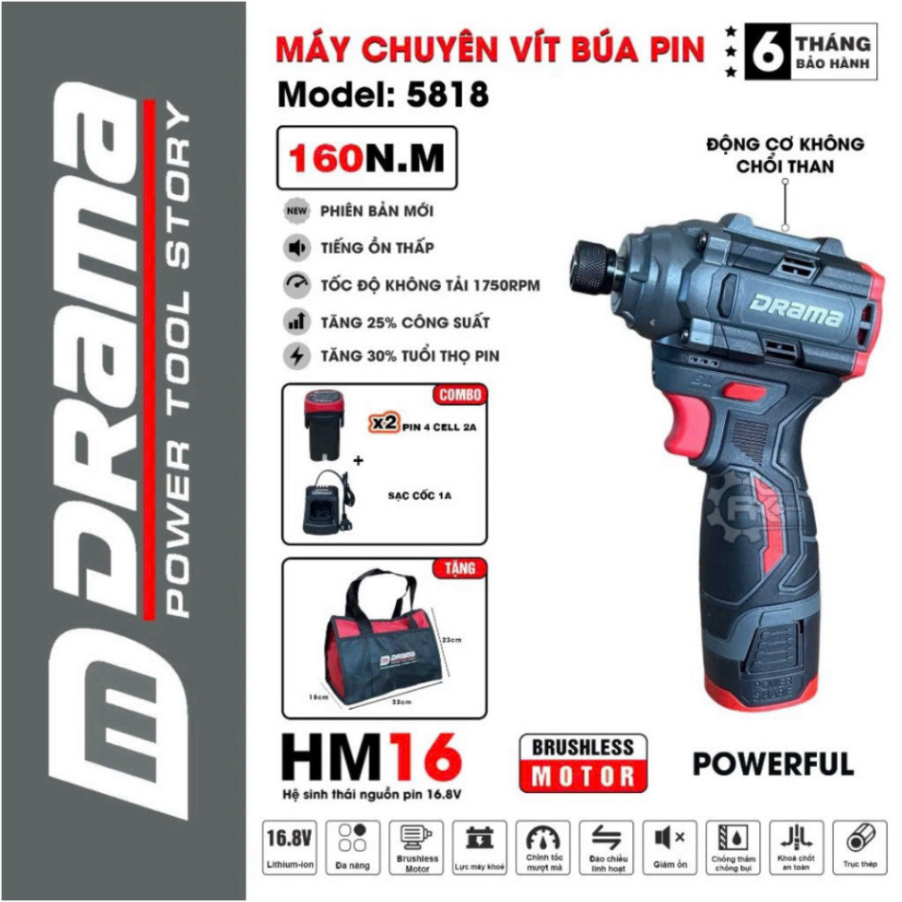 Máy chuyên vít có búa DRAMA 5818  PIN 4 CELL động cơ không than, máy khoan, máy bắn tôn, máy bắn vít