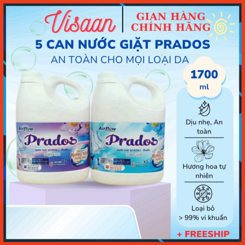 [COMBO 5 CAN] Nước giặt xả Prados M 5x1700ml, nước giặt đậm đặc, lưu hương dài lâu, an toàn cho da