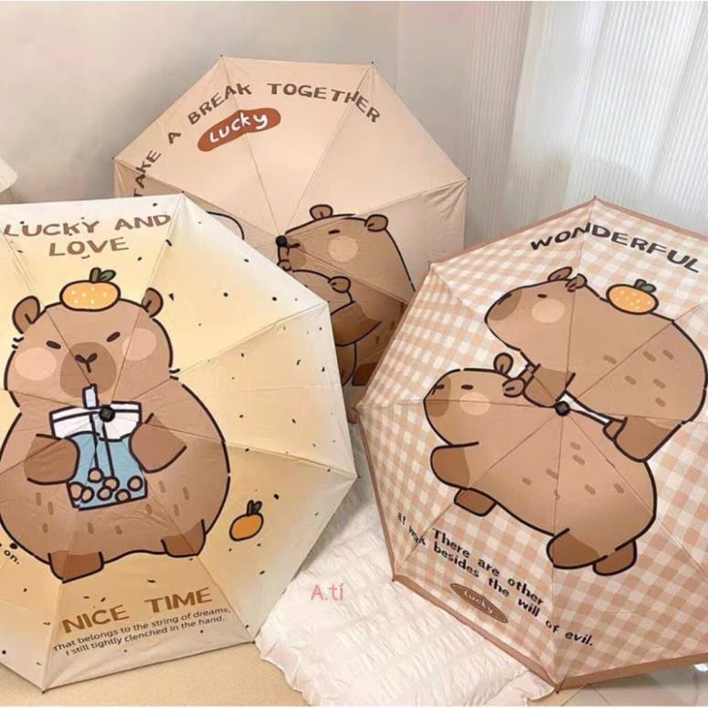 Ô Gấp Gọn Hình Capy bara Chuột Nâu Dễ Thương - Ô Gấp Gọn Tiện Lợi Chống Nước