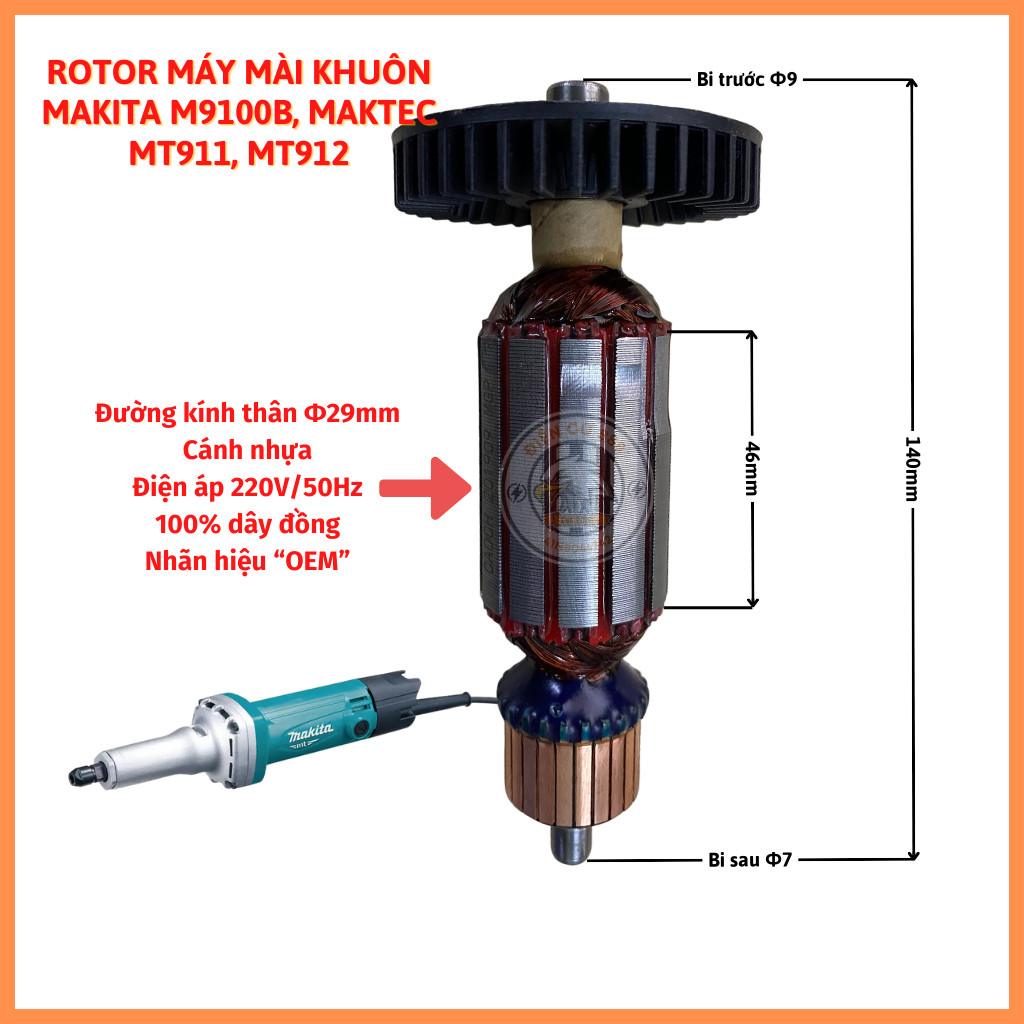Rotor mài khuôn Makita M9100B, MT911, MT912 220V - Tặng chổi than