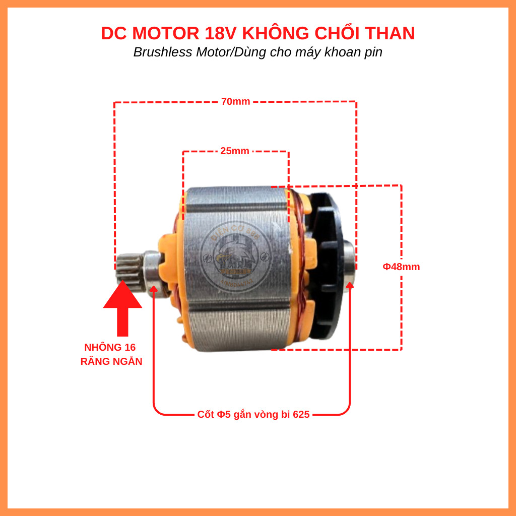 Bộ MOTOR KHÔNG CHỔI THAN DC 18V 16 RĂNG dùng cho máy khoan pin (100% dây đồng)