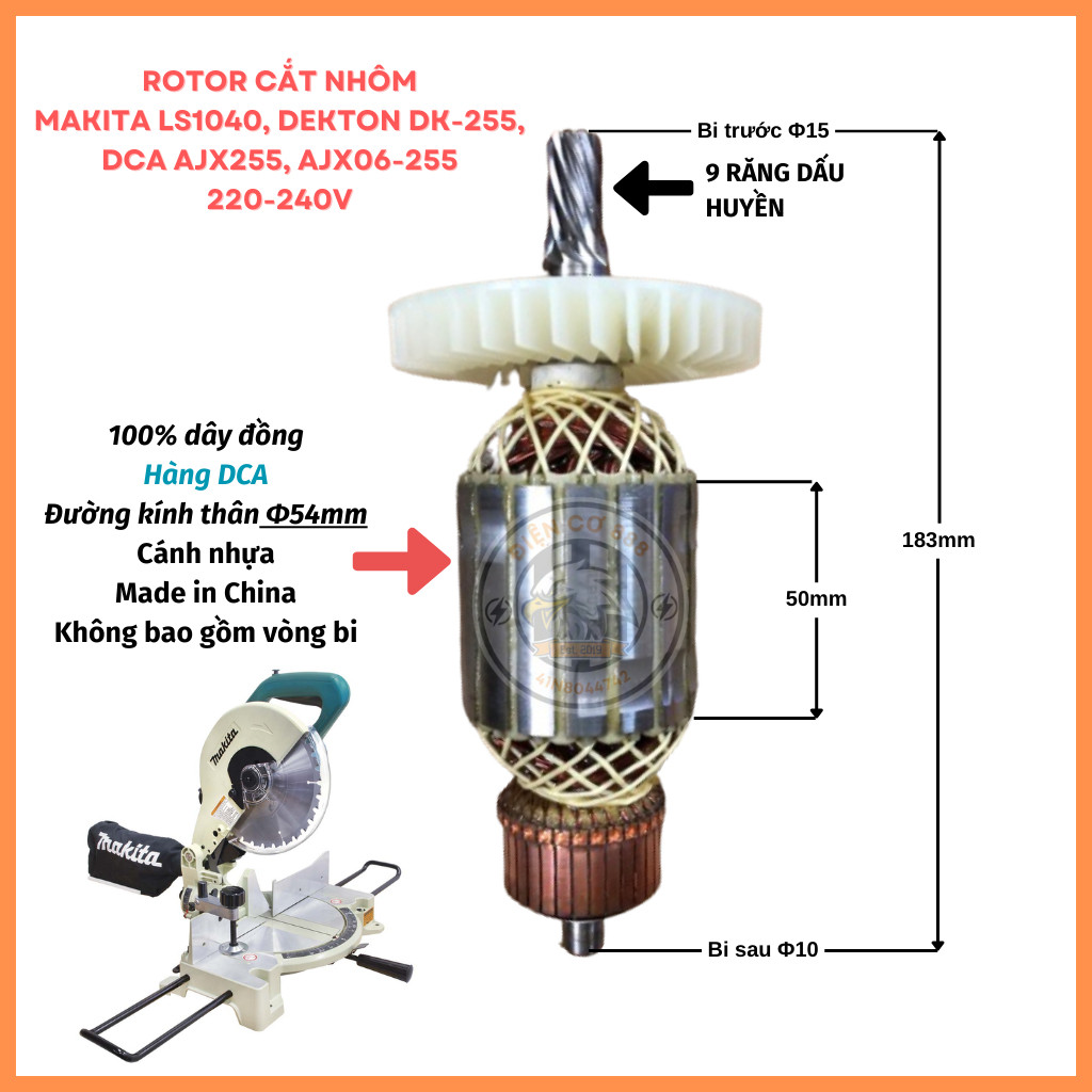Rotor máy cắt nhôm MAKITA LS1040, LH1040, DEKTON DK-255, DCA AJX255, AJX06-255 220V - Tặng chổi than