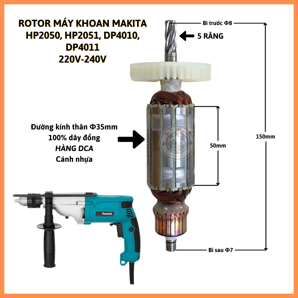 Rotor máy khoan Makita HP2050, HP2051, DP4010, DP4011 220V - Tặng chổi than
