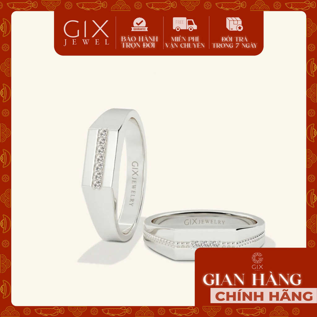 Nhẫn cưới thiết kế signet ring bạc 925 mạ vàng 18k nam nữ đính đá khắc tên Gix Jewel