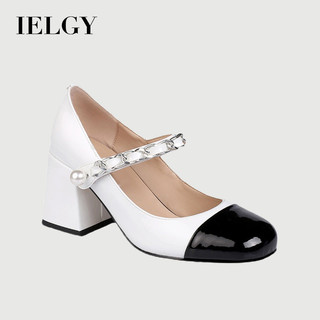  IELGY 2025 Mới Pháp Vintage Màu Sắc- Khối Ngọc Trai Gót Tròn Ngón Chân Mary Jane Giày Cao Gót Nữ 