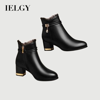  IELGY Giày bốt da mềm dành cho nữ mùa đông 2025 Giày bốt martin mới đa năng gót và lông cừu chân tròn ấm áp 