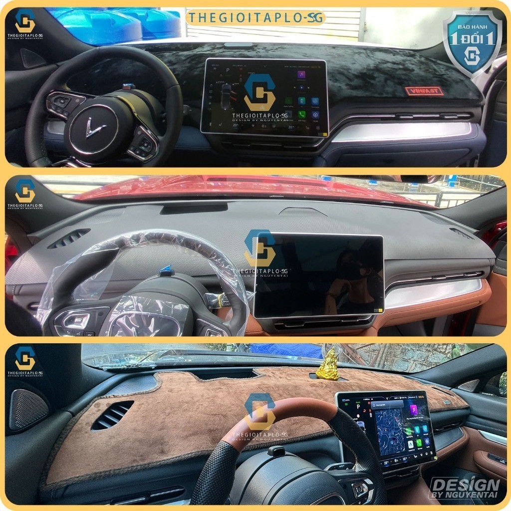 [Vinfast Vf9 Plus] Thảm taplo ô tô da cacbon,da vân gỗ,và tuyết nhung 3 lớp dày 1cm chống nắng cao c