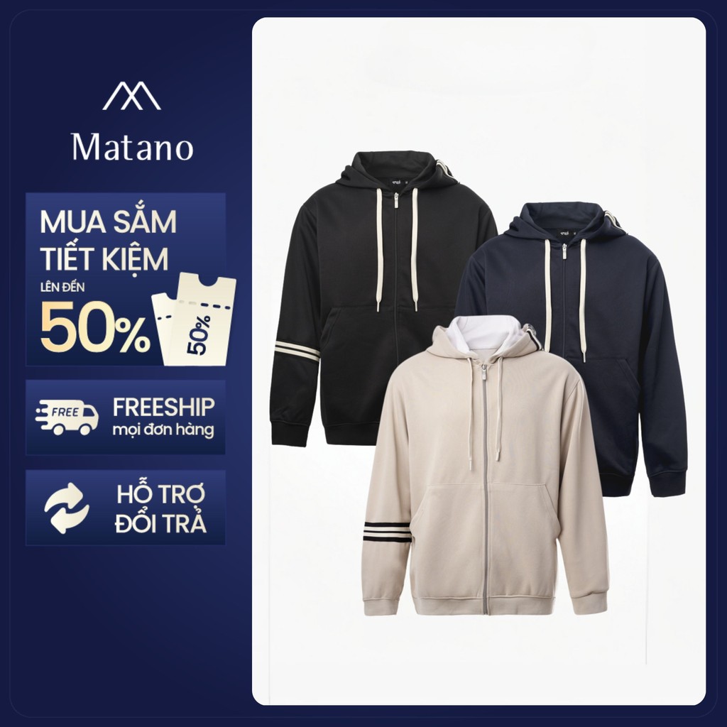 Áo Khoác Hoodie MATANO Phối Sọc Tay Form Regular AH006 khoá zip, vải nỉ ép, thoải mái, đi chơi, đi l