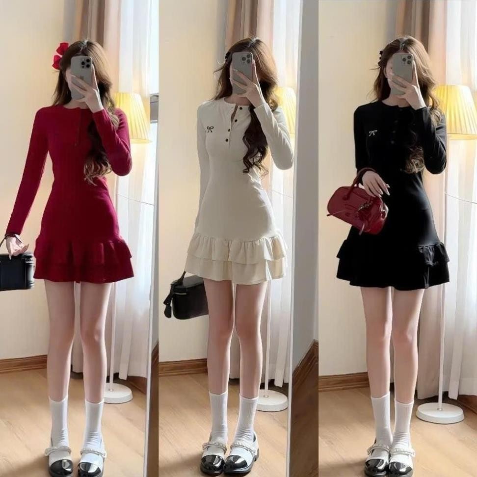 < SALE SỐC > VÁY ĐI CHƠI - đầm nữ cổ tròn phối nút - tay dài --XX125.1 | BigBuy360 - bigbuy360.vn