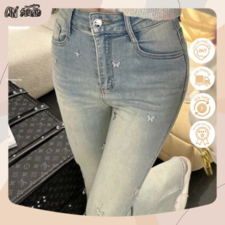 Quần jean nữ ống loe lưng cao đính đá cánh bướm phong cách Hàn Quốc. Quần jeans nữ tiểu thư sang chảnh cực xịn