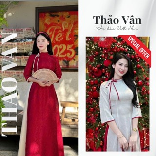 Áo Dài Gấm Cao Cấp Cổ Lệch Phối Nơ, Cúc Trẻ Trung Phù Hợp Đi Dạy, Sự Kiện - Áo Dài Thiết Kế Thảo Vân