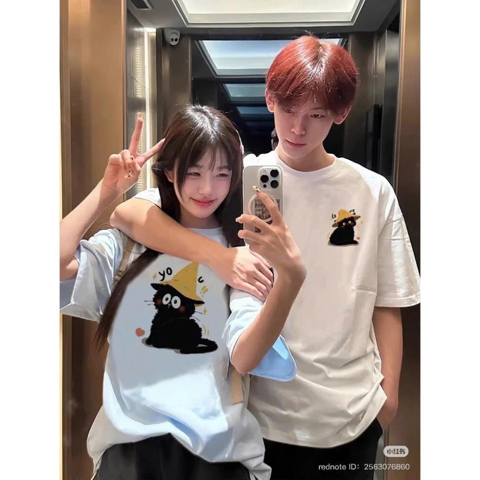 Áo Thun Đôi Nam Nữ Unisex Đôi Mèo Form Rộng Chất Liệu Cotton, Áo Phông Couple Phong Cách Basic UT