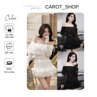 VN43 ( có bigsize ) Set áo ren trễ vai phối chân váy viền bèo lượn sóng BeKieu-Dress by CarrotShop