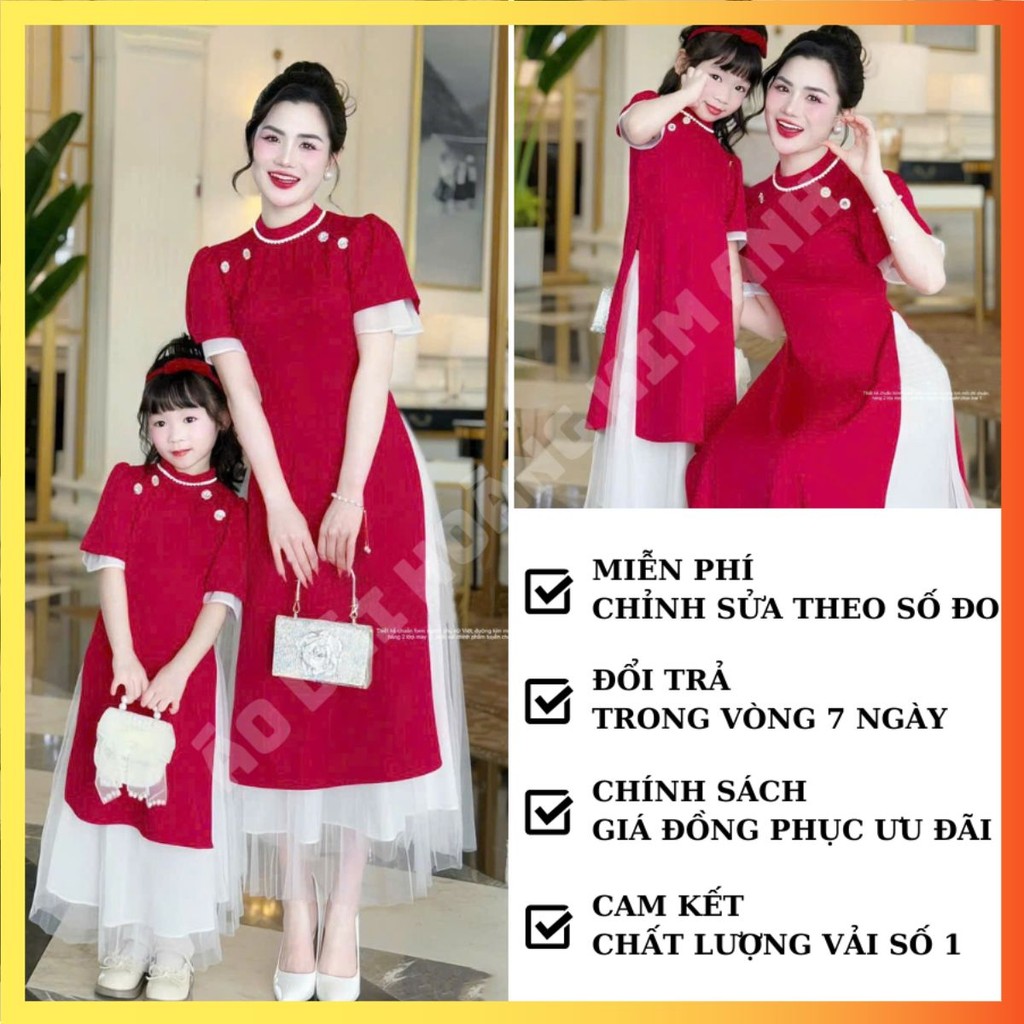 Áo dài cho mẹ và bé gái mặc tết chụp ảnh gia đình mẫu mới 2025 kèm chân váy chất vải tuyết hàn siêu đẹp màu Đỏ Hồng  NH  
