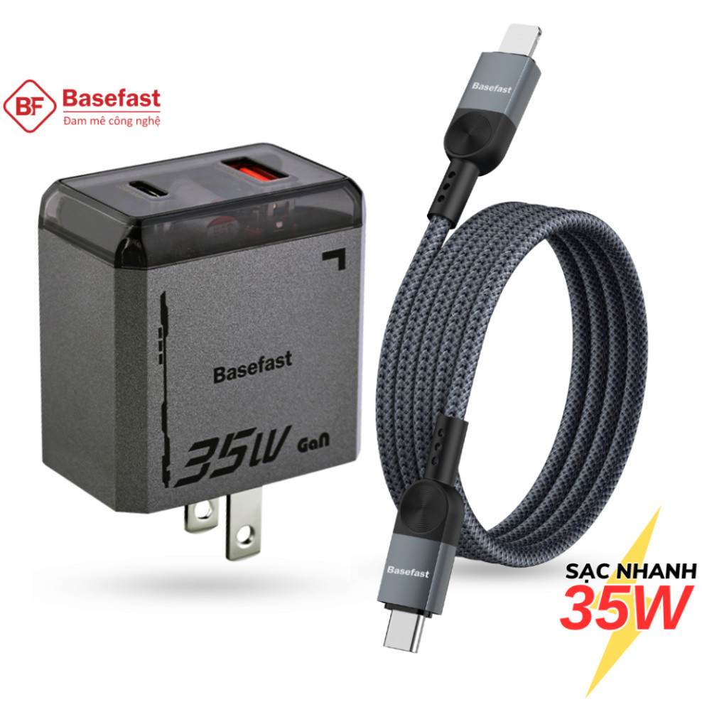 Combo bộ sạc nhanh 35W Basefast Củ sạc Gan 35W kèm dây dù PD27W siêu bền cho xs max 11 12 13 14 pro