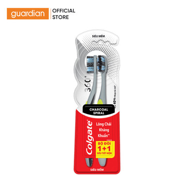 Bộ 2 Bàn Chải Đánh Răng Colgate Than Hoạt Tính 360 Charcoal Spiral Lông Chải Xoắn Kép