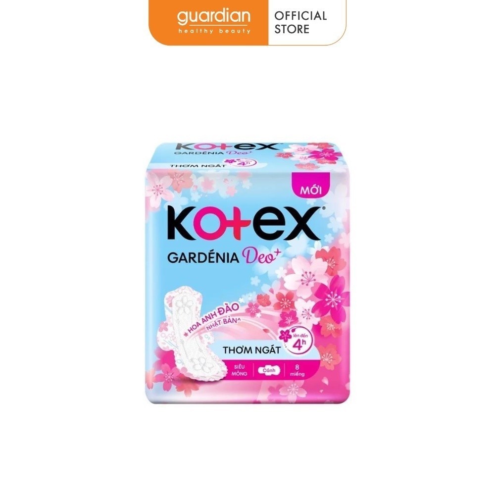 Băng Vệ Sinh Kotex Gardenia Deo+ Hương Hoa Anh Đào Mặt Bông Siêu Mỏng Cánh (Gói 8 Miếng)