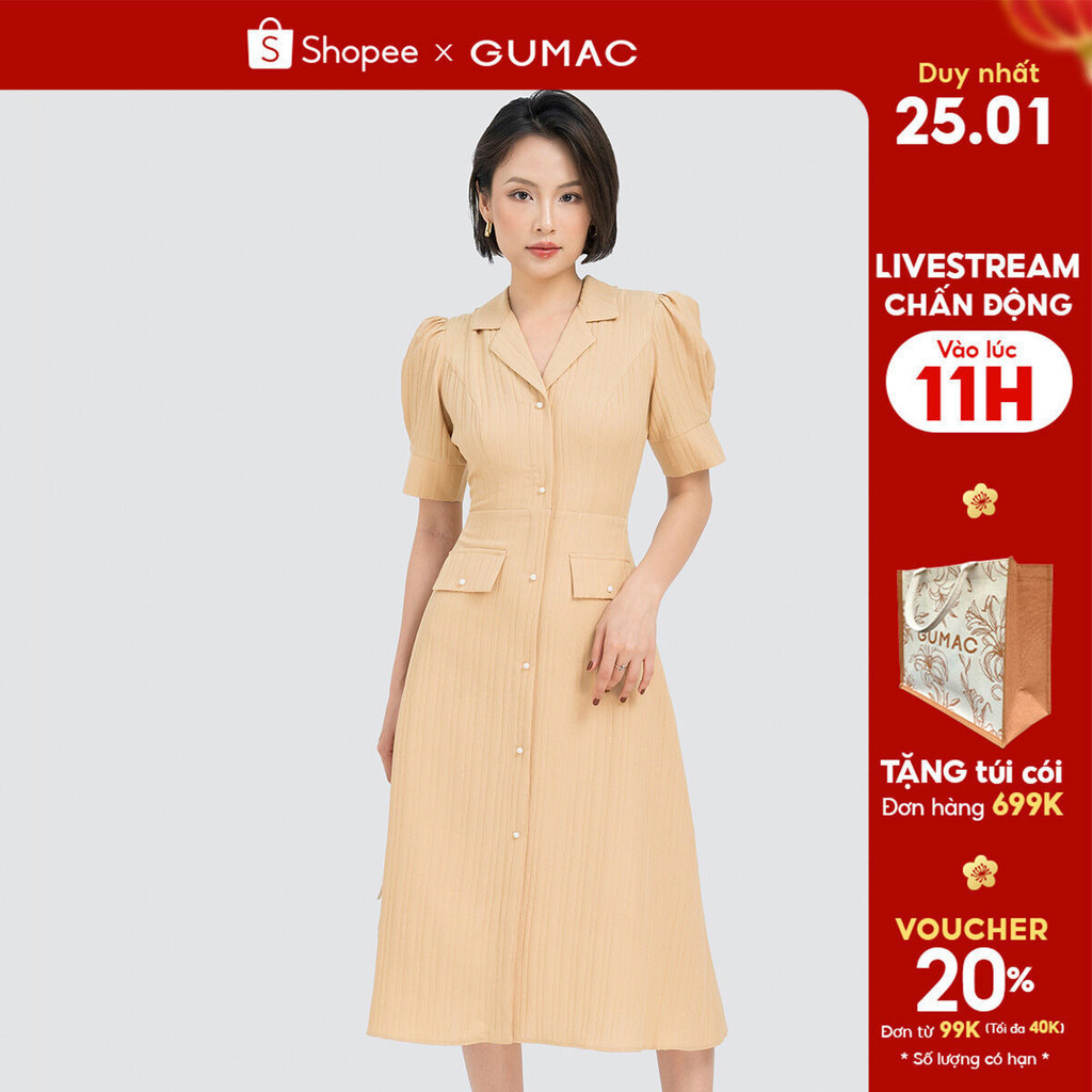 Đầm cổ danton phối nút GUMAC DD04011