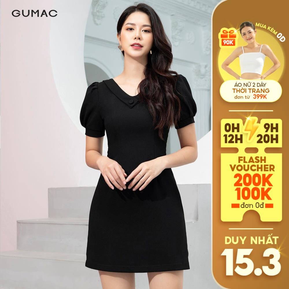 Đầm nữ cổ tim phối nút GUMAC DA9242