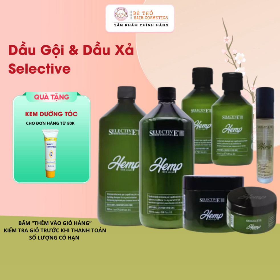 Dầu Gội, Xả Selective Hem.p Vegan Shampoo,Conditioner Thuần Chay Tự Nhiên Giúp Phục Hồi Tóc Mềm Mượt