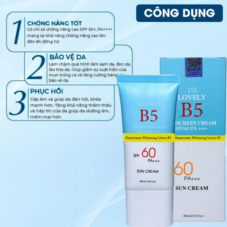 Kem Chống Nắng B5 LOVELY SPF60PA+++ Chống Nắng Dưỡng Trắng Nâng Tông  Phục Hồi Da  Ngừa Thâm Nám 60g