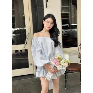  < SALE SỐC >   KÈM QUẦN  Bloom Dress  Đầm Váy trễ vai dáng bí tay bồng dài bo chun hông Đầm thiết kế dự tiệc dây nơ eo 
