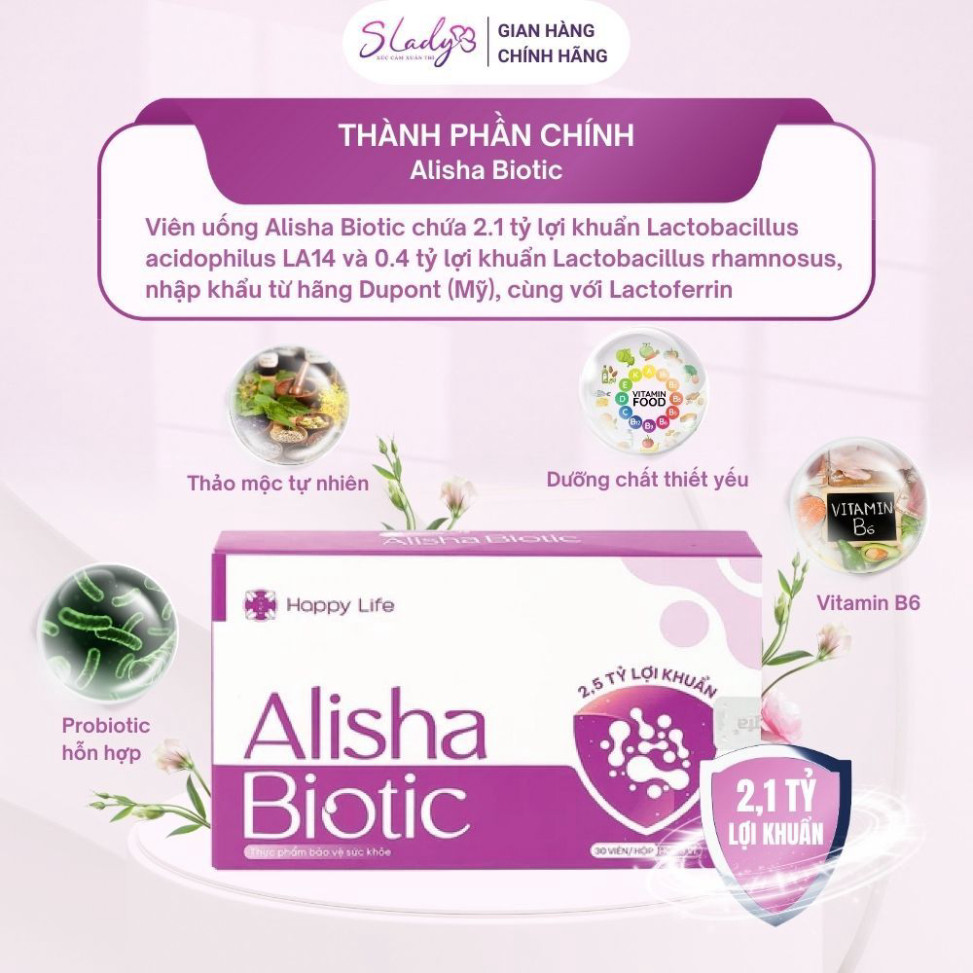Viên uống Alisha Biotic For Women Happy Life bổ sung lợi khuẩn, hỗ trợ sức khoẻ nữ giới (3 vỉ x 10 viên)