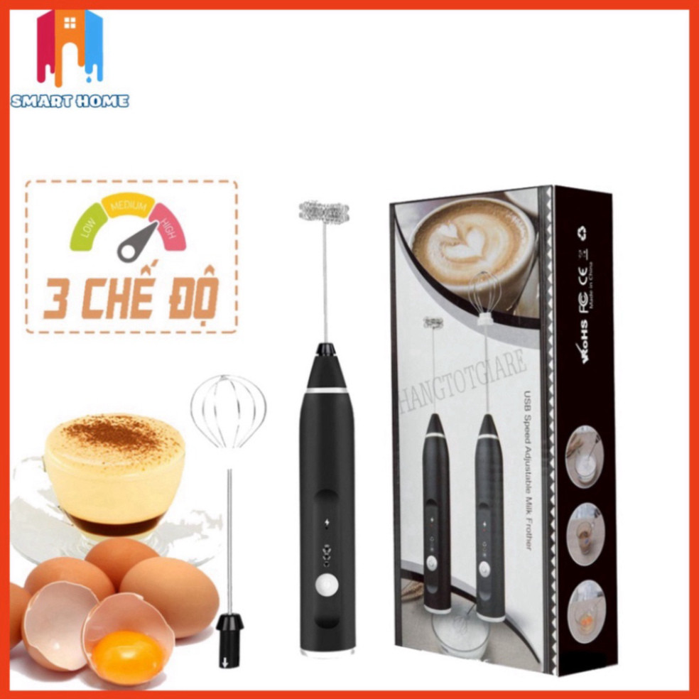 Máy đánh trứng, que tạo bọt cafe mini xách tay không giây hàng hiệu 3 cấp độ, tương trợ sạc pin, Bảo hành 12 thán