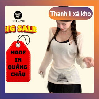 Áo len nữ dài tay trễ vai áo dệt kim rách INFLACHI chất mongtoghi mỏng thiết kế độc lạ cá tính M102 T-1