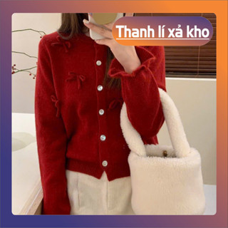 Áo len cardigan cổ tròn dệt kim áo khoác lông thỏ trendy phối nơ cúc ngọc dang vừa tay bèo phong cách L199 K2-23