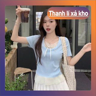 Áo len nữ INFLACHI dệt kim kiểu cộc tay phối bèo nơ phối ren dáng ngắn tiểu thư nhẹ nhàng xinh xắn đáng yêu L95 HL-1.3