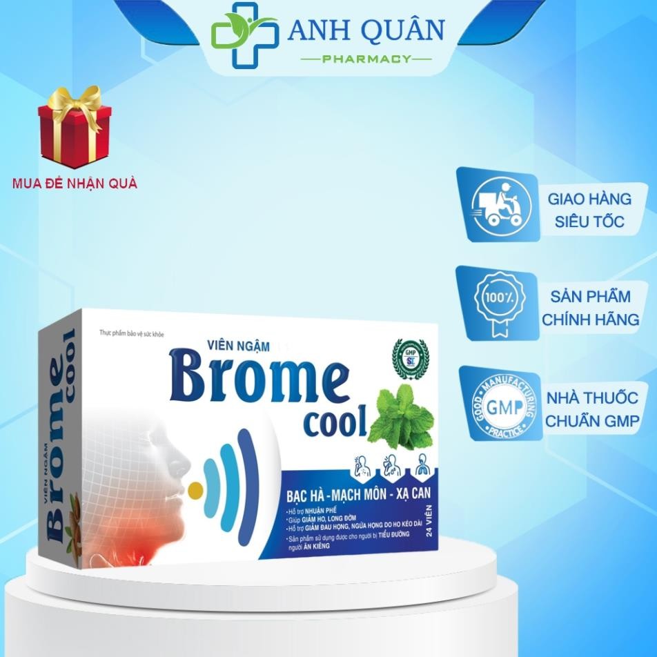 Viên Ngậm Brome Cool (hộp 3 vỉ x 8 viên) hỗ trợ giảm ho đau rát họng
