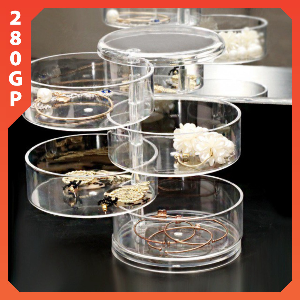 [CÓ SẴN] Hộp Đựng Trang Sức 5 Tầng Xoay Tròn Bằng Nhựa mica Trong Suốt