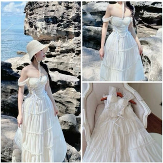  Set áo corset nàng thơ đi biển trễ vai phối chân váy maxi dài 