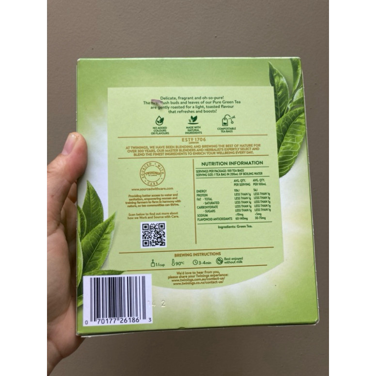 Trà Twinings Pure Green Tea trà xanh hộp 100 gói CHUẨN ÚC