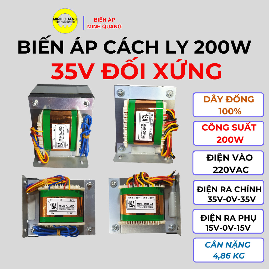 Biến Áp Cách Ly 200W 35V đối xứng, Điện vào 220V AC, Ra (35V 0V 35V)AC, Đồng 100%, Công Suất  200W