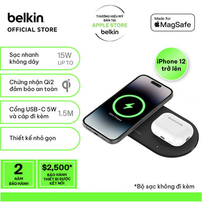 Đế sạc không dây 2 trong 1 Belkin BoostCharge 15W USB-C – Hỗ trợ iPhone, Samsung, Không kèm sạc