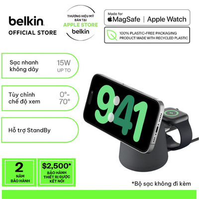 Đế sạc không dây 2 trong 1 Belkin BoostCharge Pro Magsafe 15W sạc nhanh không dây tùy chỉnh góc độ - không kèm sạc