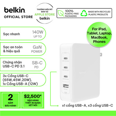 Adapter sạc nhanh Belkin 140W GaN BOOST CHARGE Rockstar màu trắng WCH014 - USB C x3, USB A x1