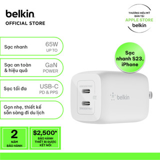  Củ sạc nhanh Belkin PRO GaN 65W | 2 cổng USB-C Thiết kế nhỏ gọn công nghệ tối ưu An toàn cao 