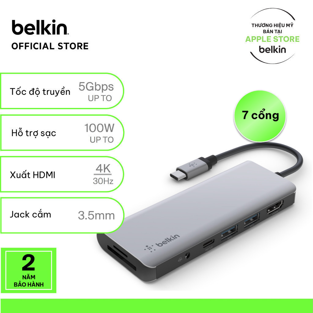 Hub USB-C Belkin 7-in-1 chính hãng – HDMI 4K, PD 100W, USB 3.0, Audio 3.5mm, khe SD/microSD